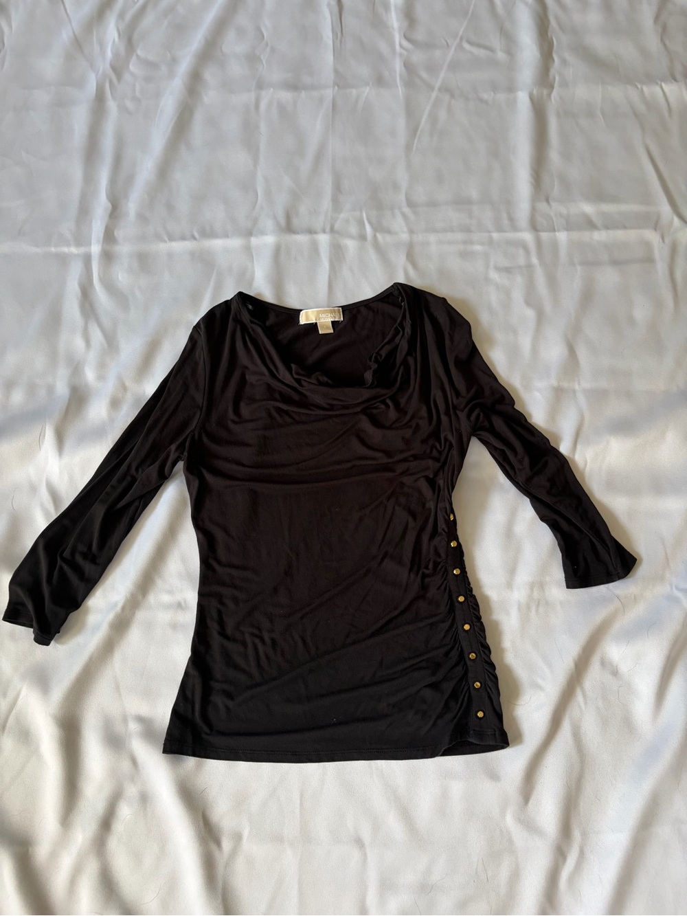 MICHAEL Michael Kors Black Long Sleeve Cowl Neck knit with Side Gold Buttons